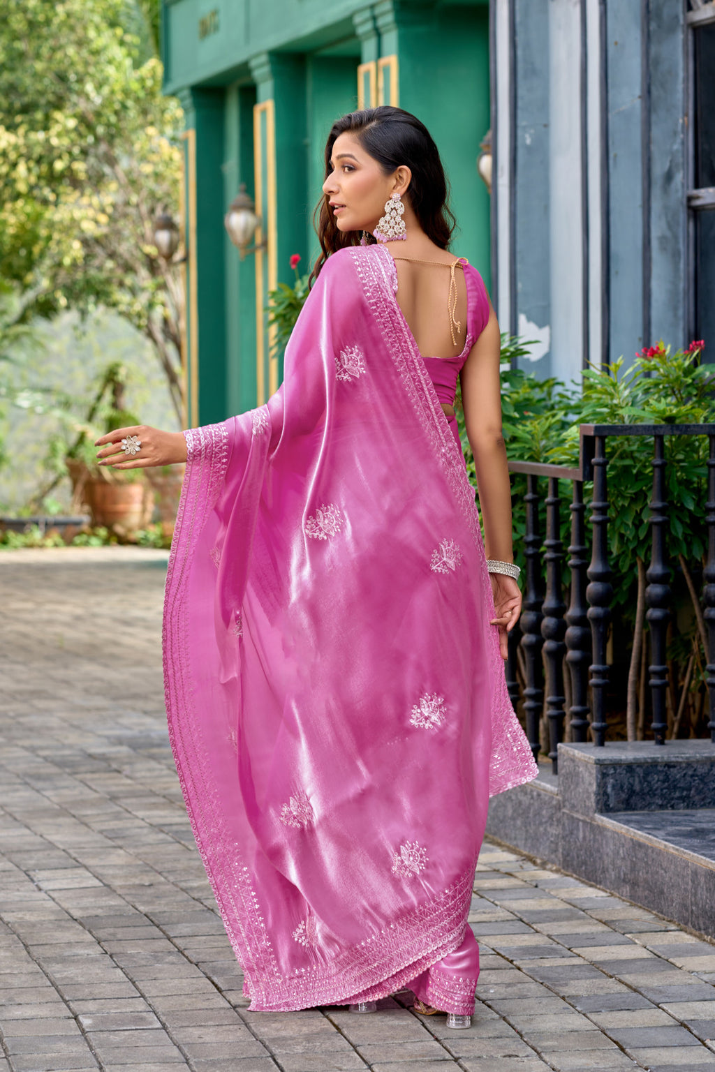 Baby pink fancy shimmer chiffon saree with embroidery work