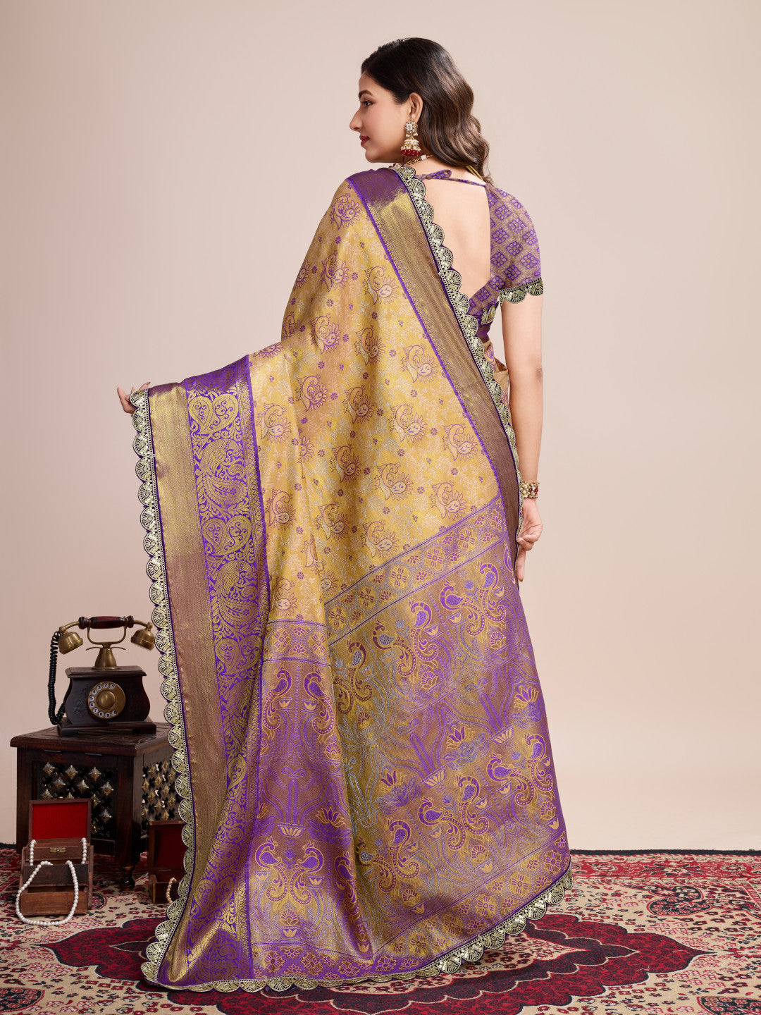 Beige kanjivaram silk saree with zari weaving work