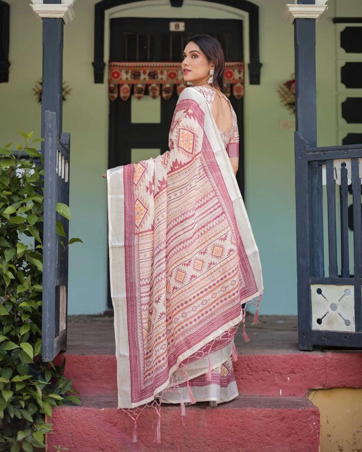 Multi summer special digital printed linen cotton saree