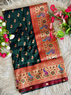 Green traditional paithani silk saree with peacock zari weaving work