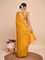 Golden & copper zari weaving with yellow color soft silk banarasi sareeee