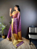 Purple latest organza silk saree with zari weaving work