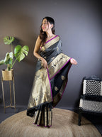 Black kanchipuram silk saree with golden zari weaving work