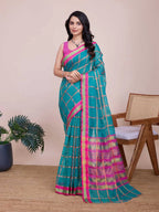 Sea green kota doriya saree with zari weaving work
