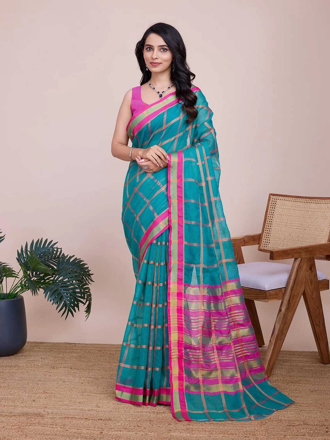 Sea green kota doriya saree with zari weaving work