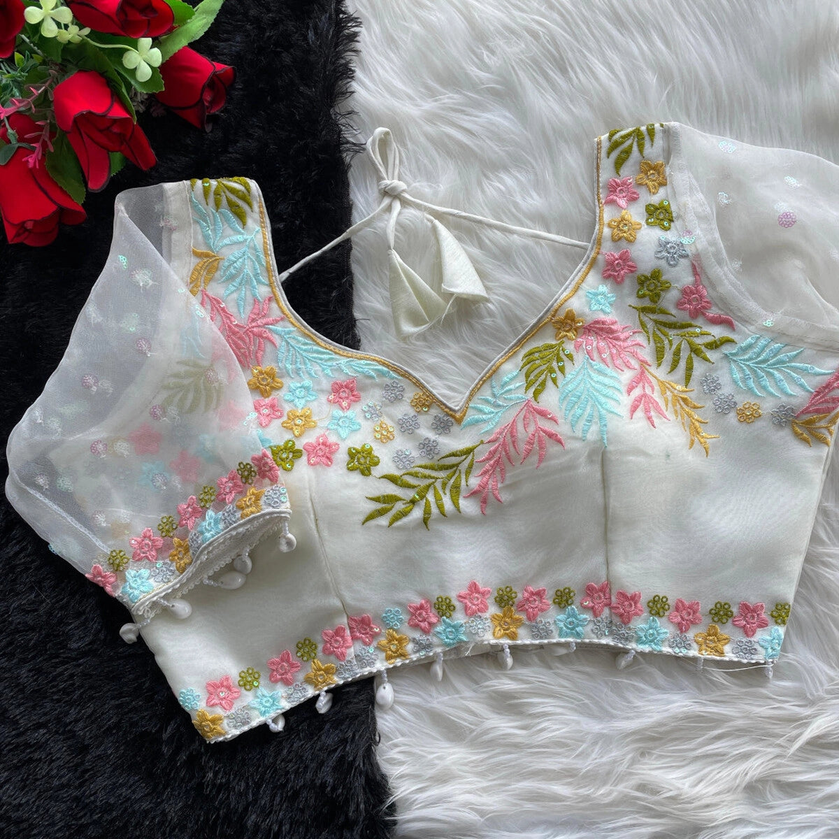 White fancy heavy net readymade blouse with embroidery work