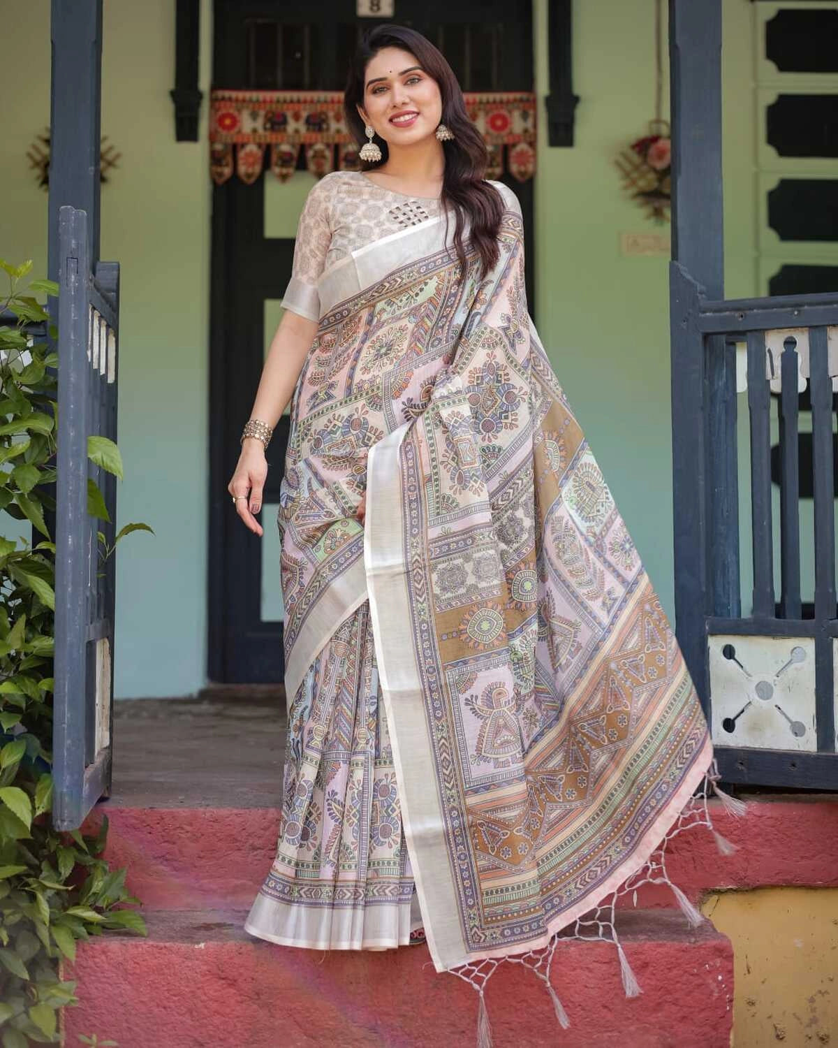 Multi summer special digital printed linen cotton saree