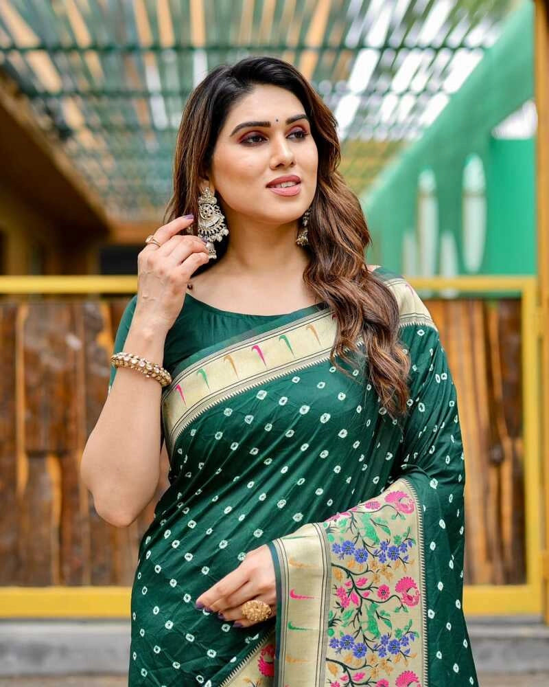 Bottle Green Bandhej Silk Saree with Zari Weaving