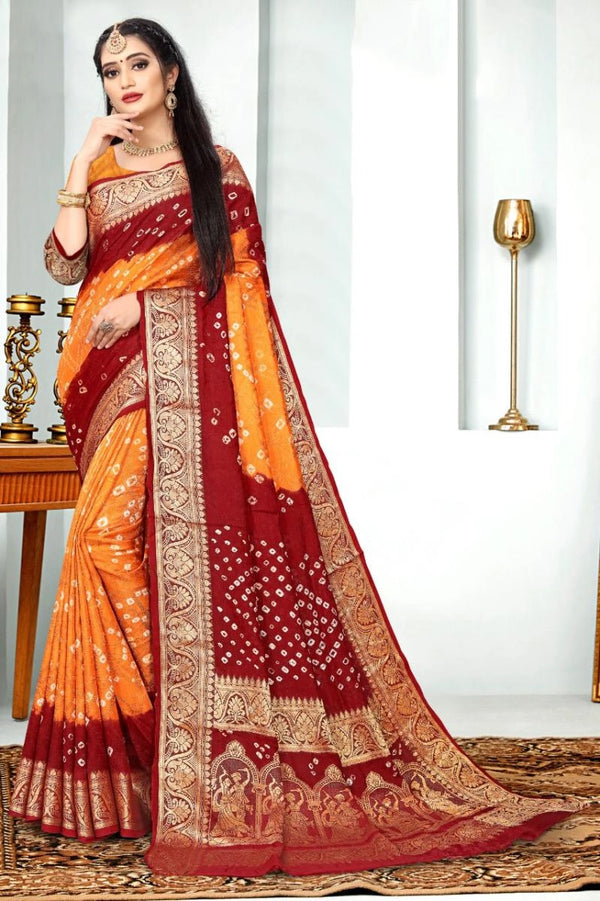 Arshla bandhej silk saree with zari weaving work