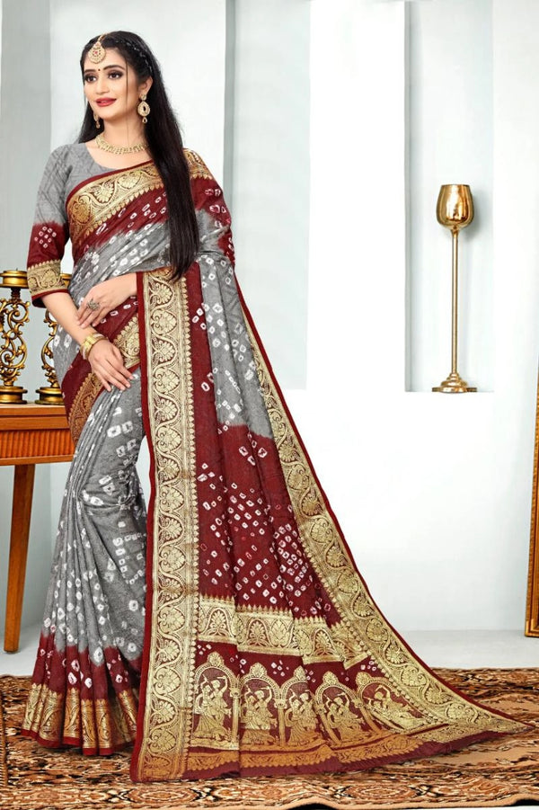 Arshla bandhej silk saree with zari weaving work