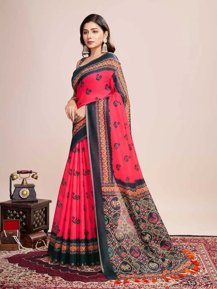 Pink soft linen cotton saree with digital printed work