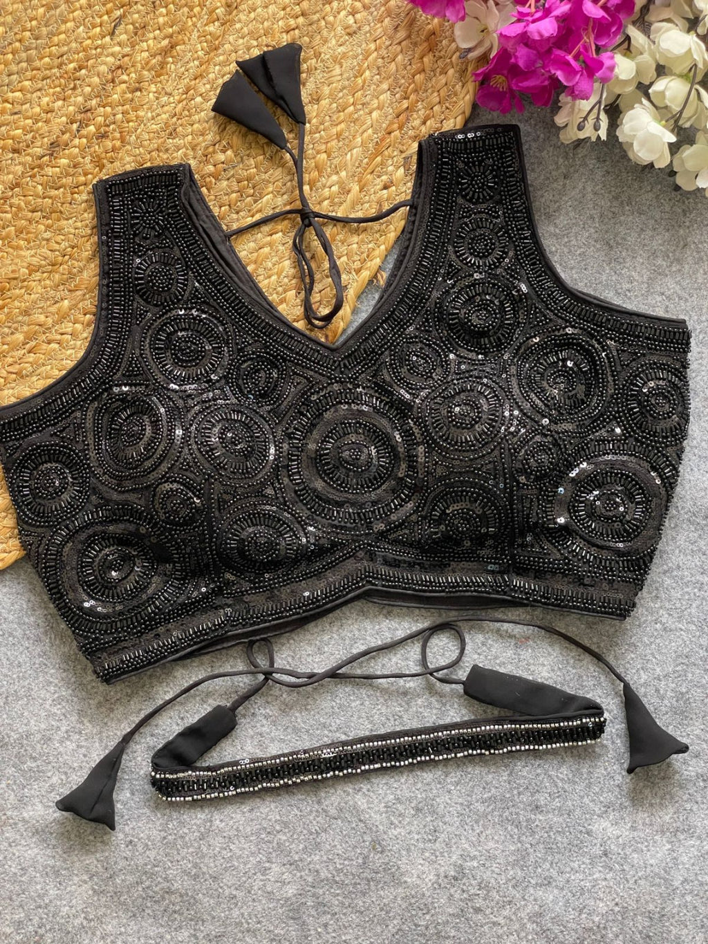 Black georgette fancy readymade blouse with handwork with Belt