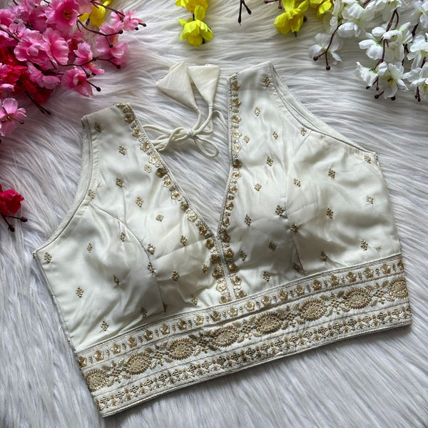 White heavy roman silk readymade blouse with embroidery and sequence work