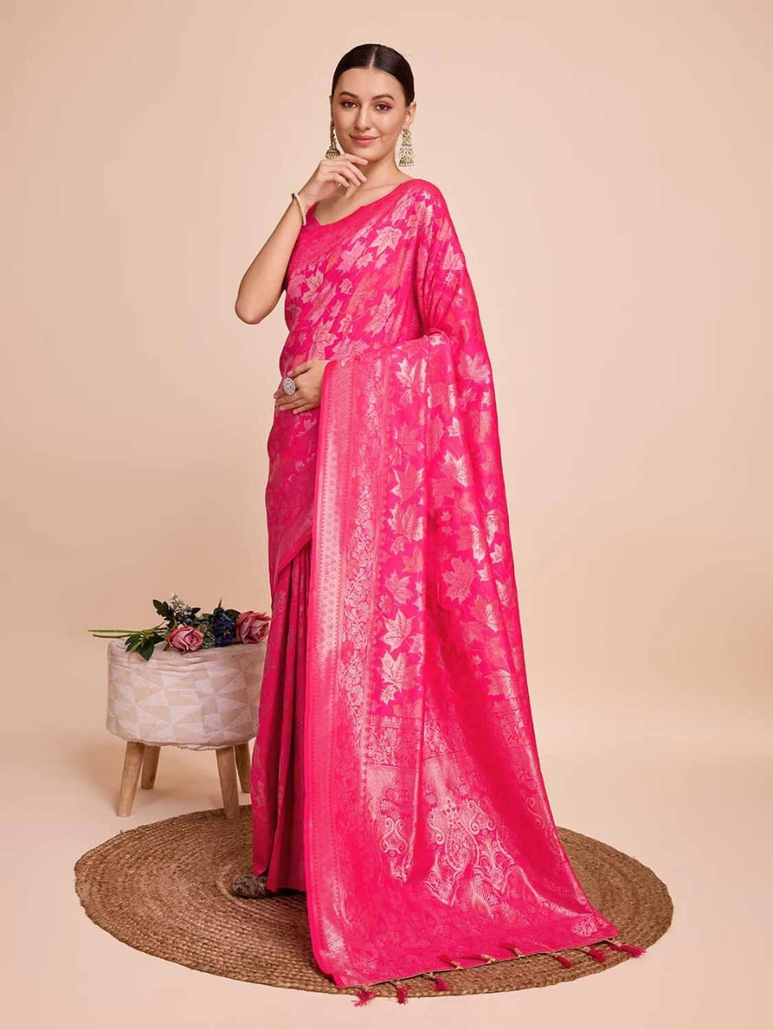 Golden & copper zari weaving with pink color soft silk banarasi saree