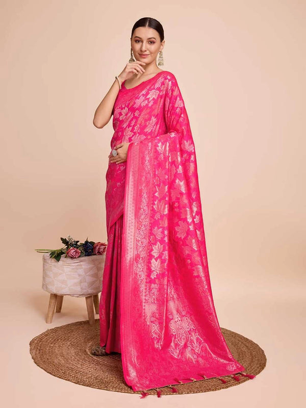 Golden & copper zari weaving with pink color soft silk banarasi saree