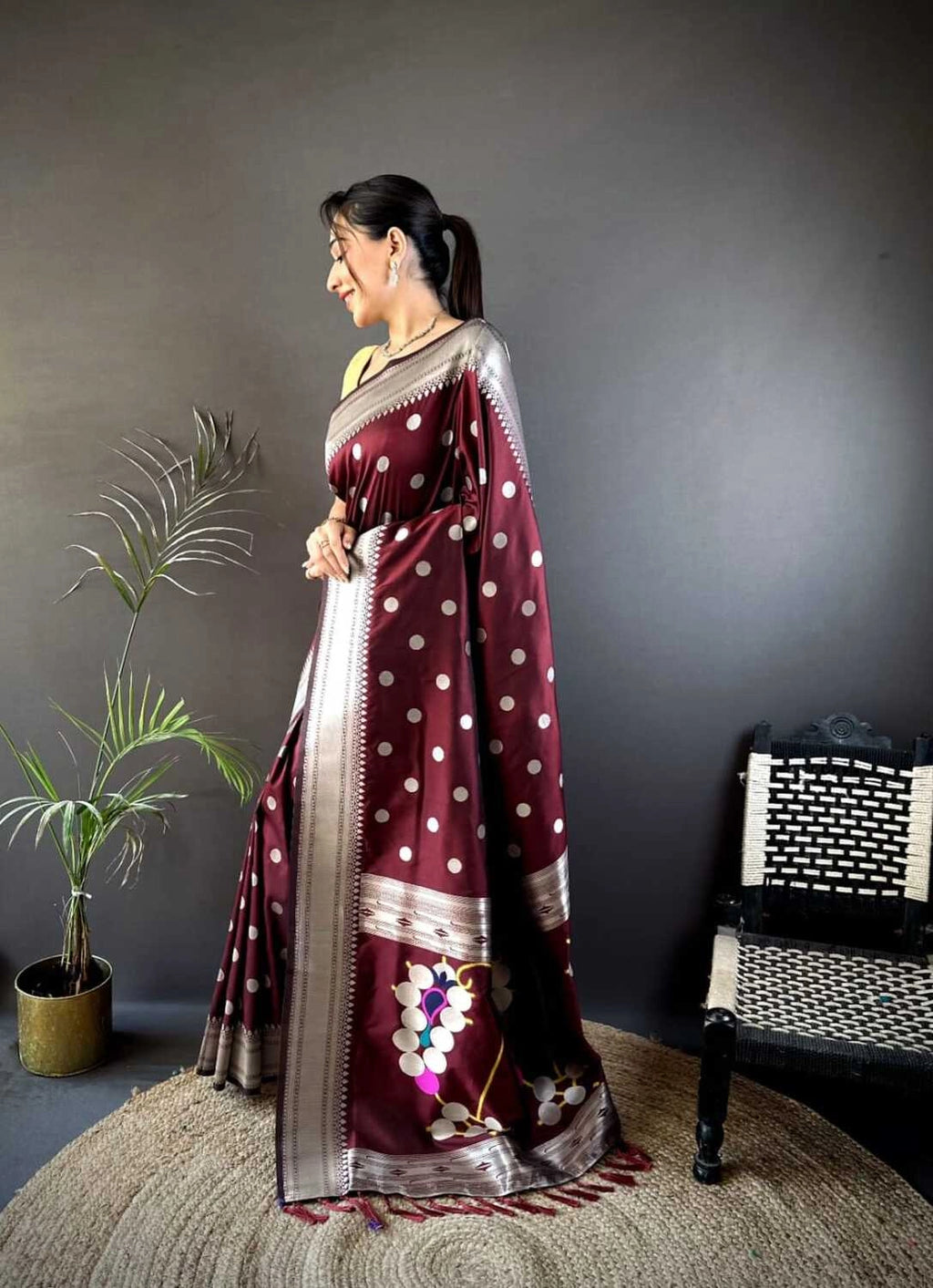 Maroon Nath paithani silk saree with zari weaving work