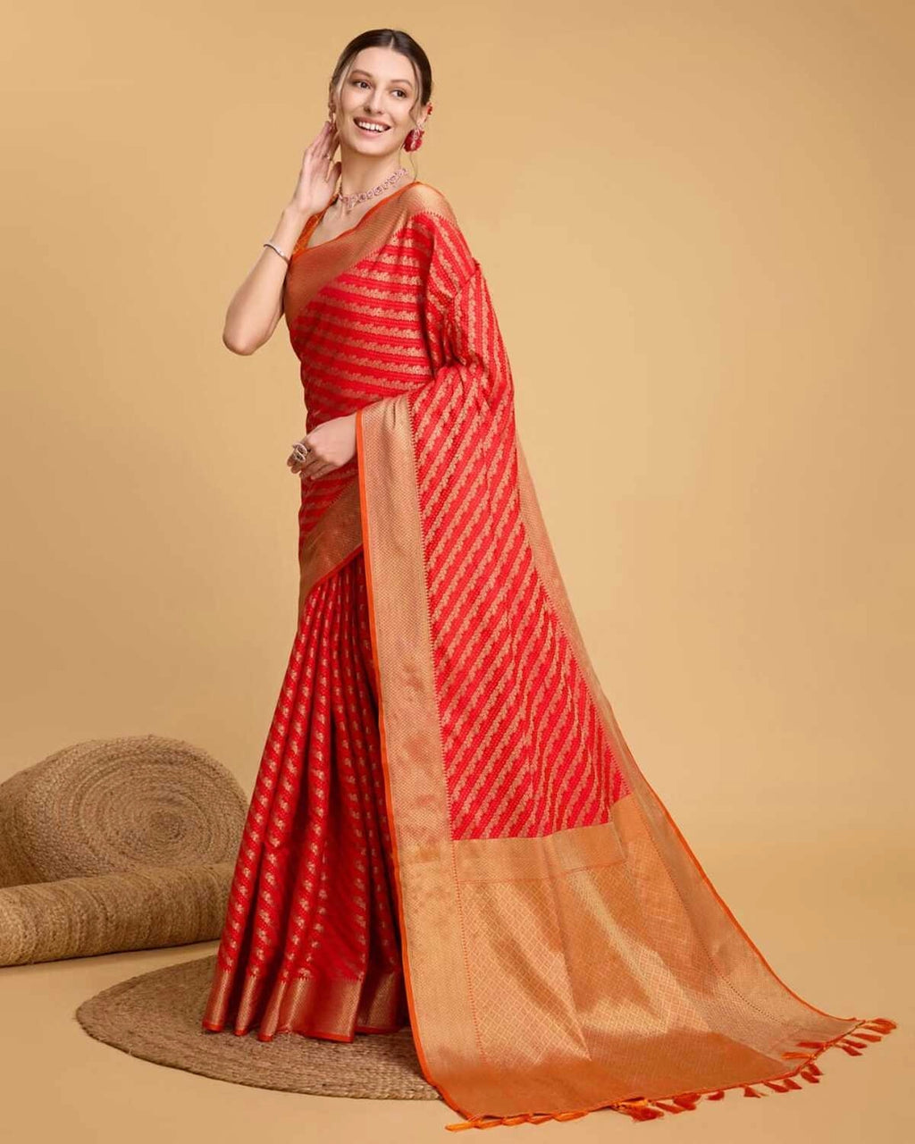 Red color kanchipuram silk saree with zari woven work