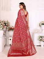 Maroon satin silk bandhej saree with zari weaving border & pallu