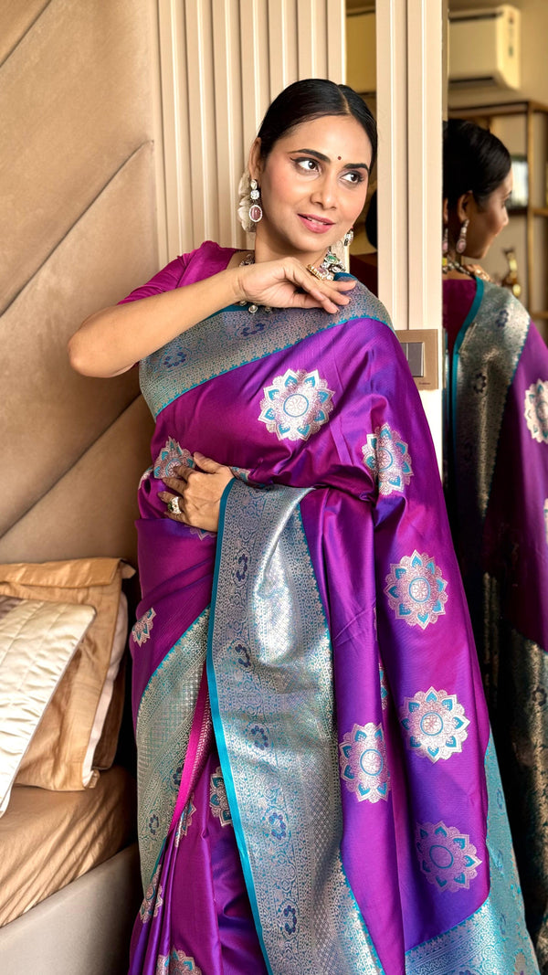 Purple luxurious banarasi silk saree with zari weaving work
