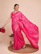 Golden & copper zari weaving with pink color soft silk banarasi saree