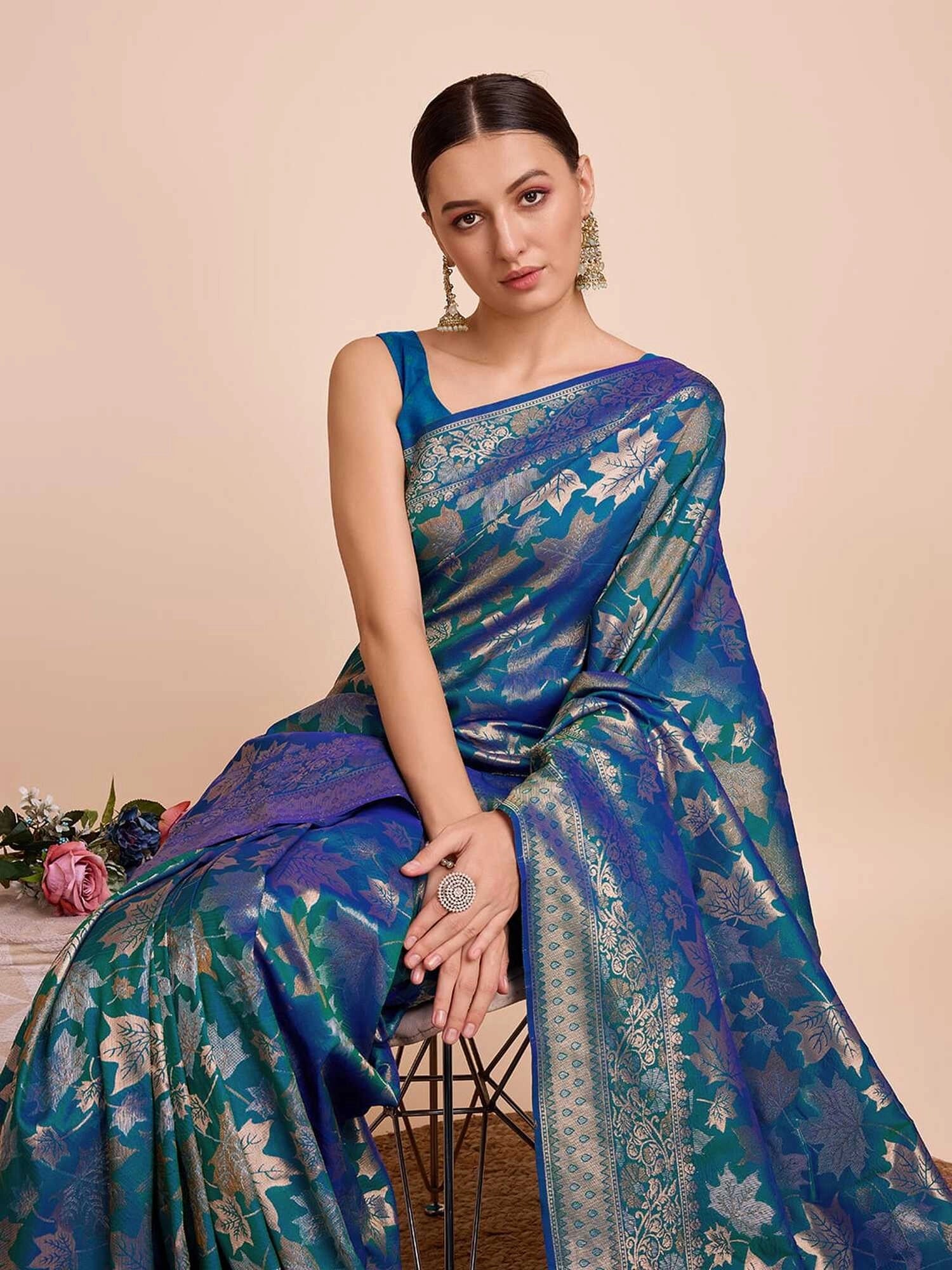 Golden & copper zari weaving with firoji color soft silk banarasi saree