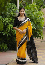 Yellow soft linen cotton saree with digital printed work