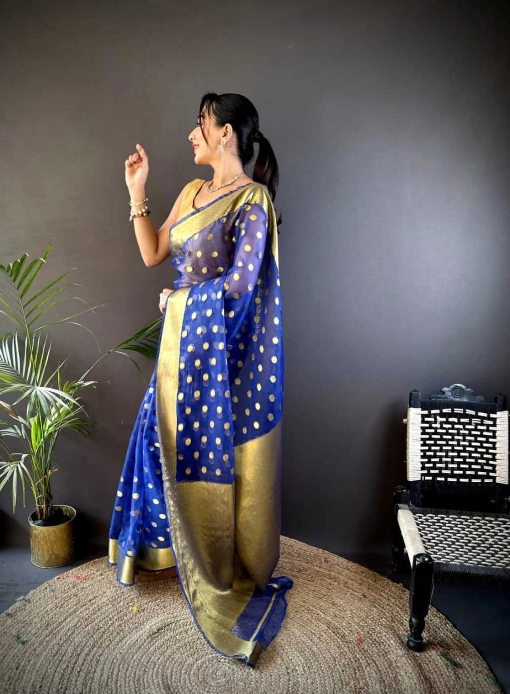 Blue latest organza silk saree with zari weaving work
