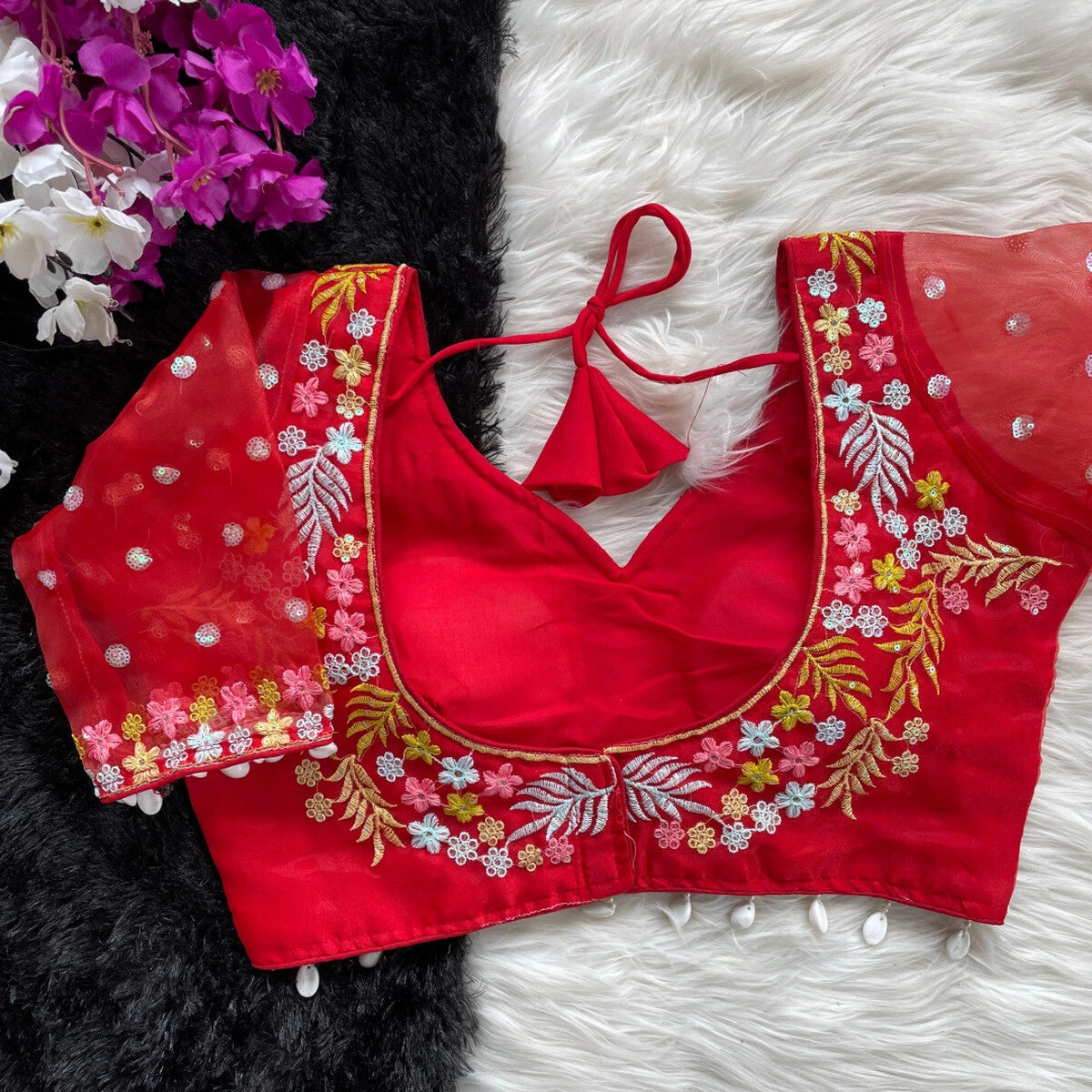 Red fancy heavy net readymade blouse with embroidery work