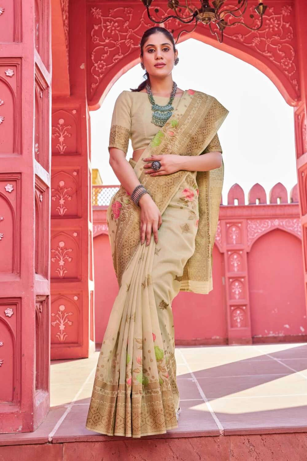 Fancy Beige color soft cotton saree with woven design