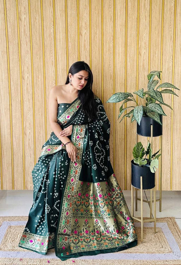 Green premium paithani bandhej silk bandhani saree with zari weaving work