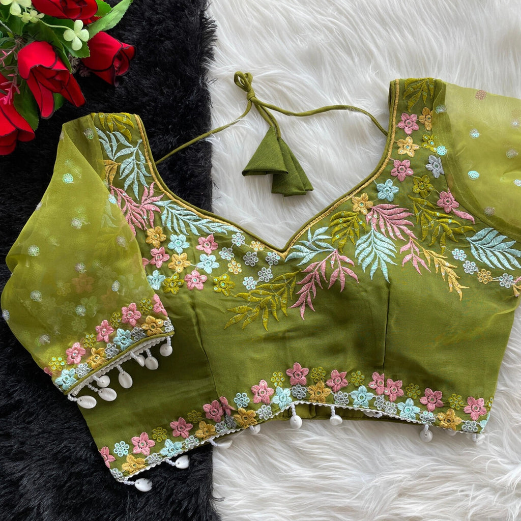 Mahendi green fancy heavy net readymade blouse with embroidery work