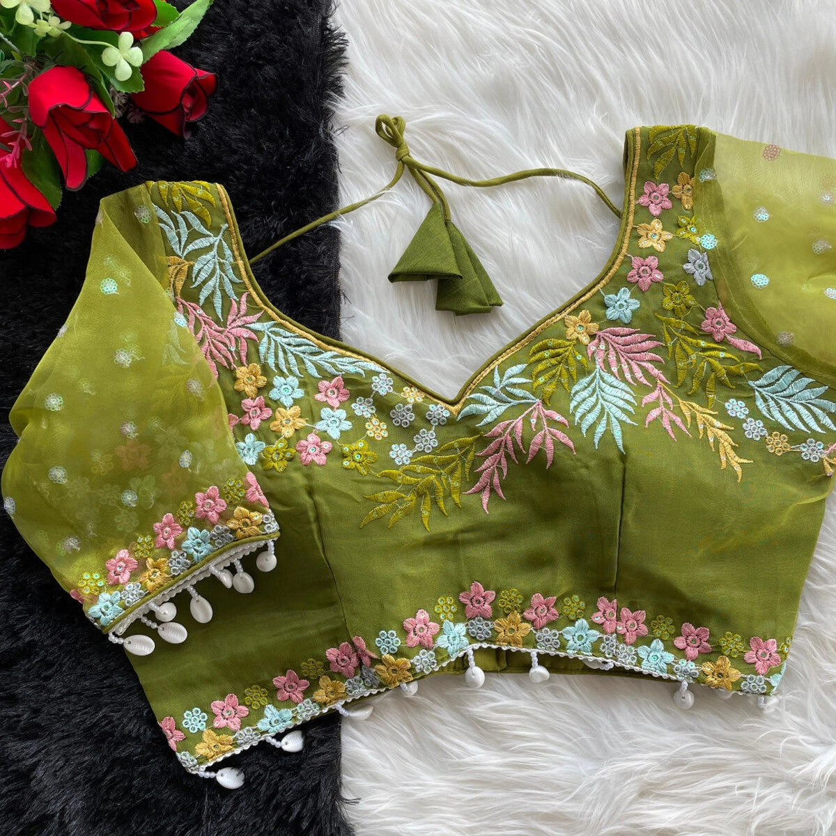 Mahendi green fancy heavy net readymade blouse with embroidery work