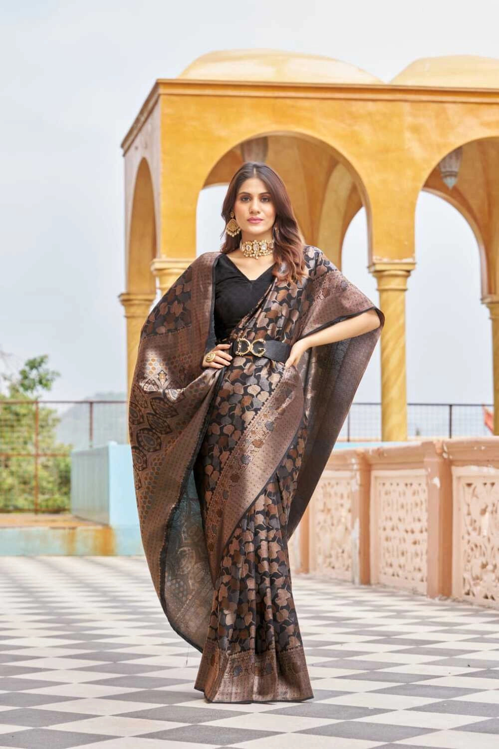Black color kanjivaram silk saree with zari weaving work