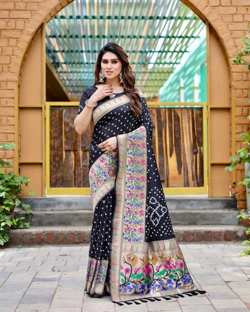 Black color bandhej silk saree with zari weaving work