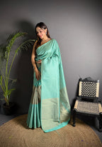 Sea green color banarasi silk saree with zari weaving work