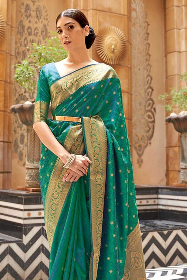 Rama green soft banarasi silk saree with zari weaving work