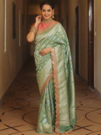 Pista green premium banarasi katan silk saree with zari weaving & lace border