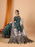 Dark green premium banarasi silk saree with meenakari zari weaving work