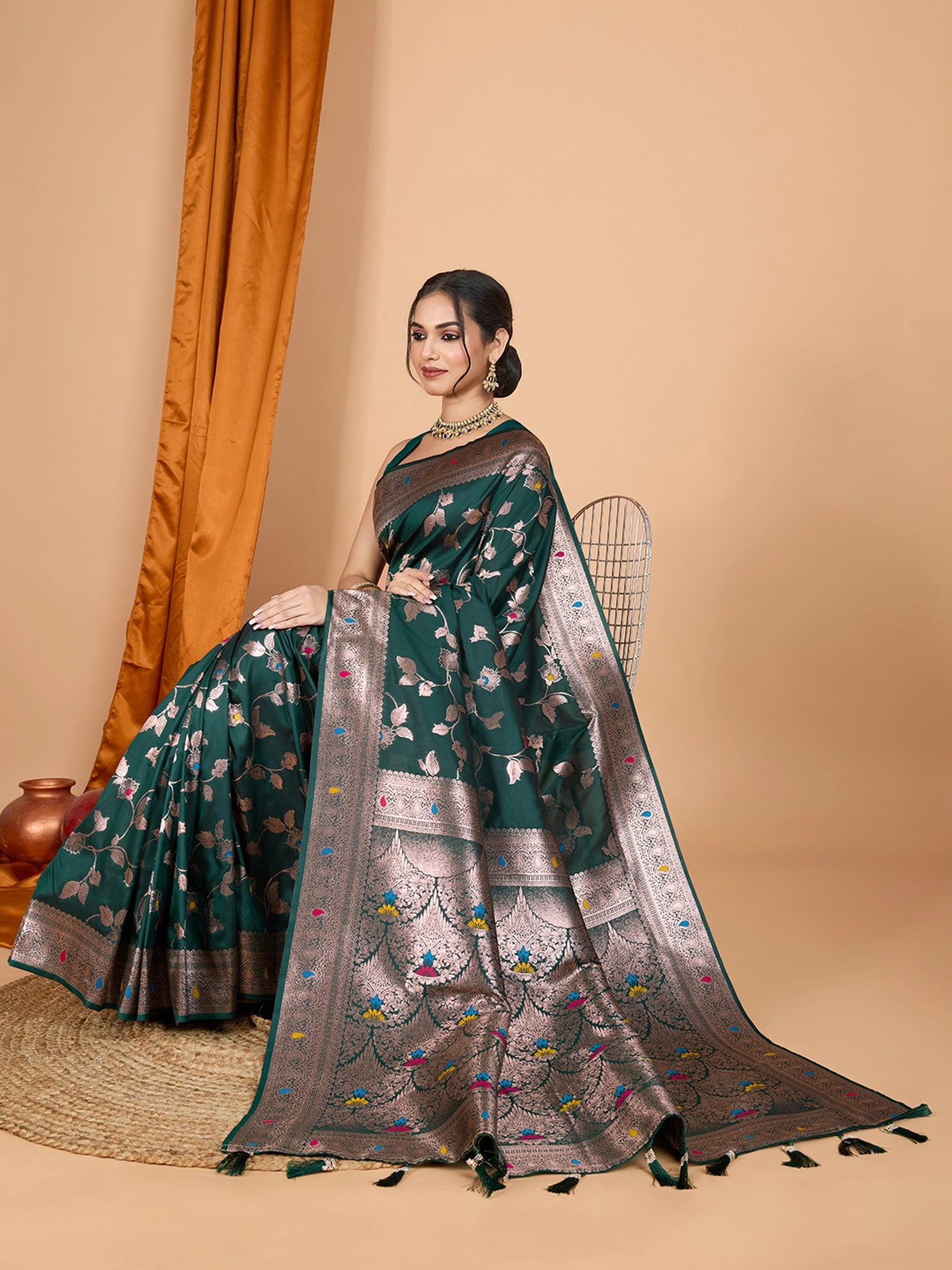 Dark green premium banarasi silk saree with meenakari zari weaving work