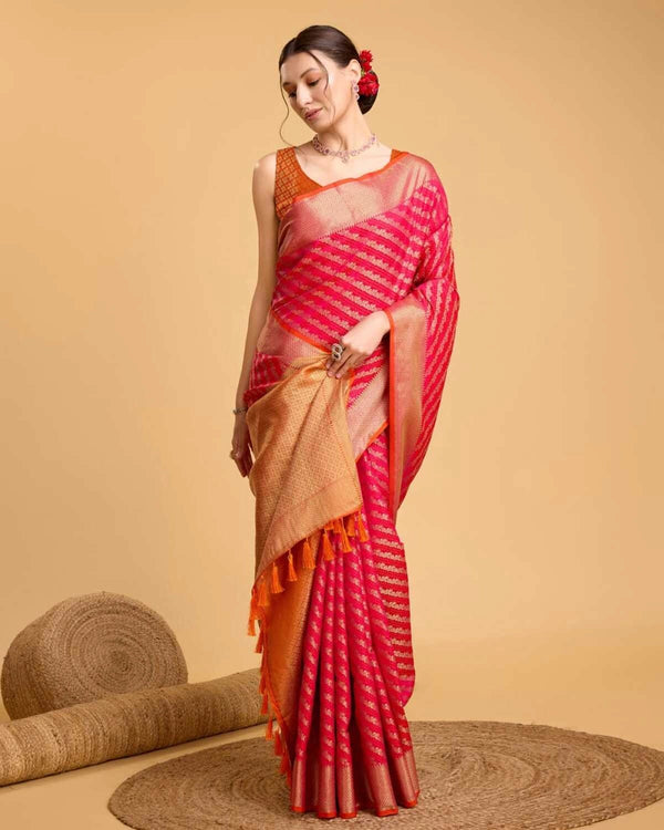 Pink color kanchipuram silk saree with zari woven work