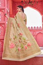 Fancy Beige color soft cotton saree with woven design