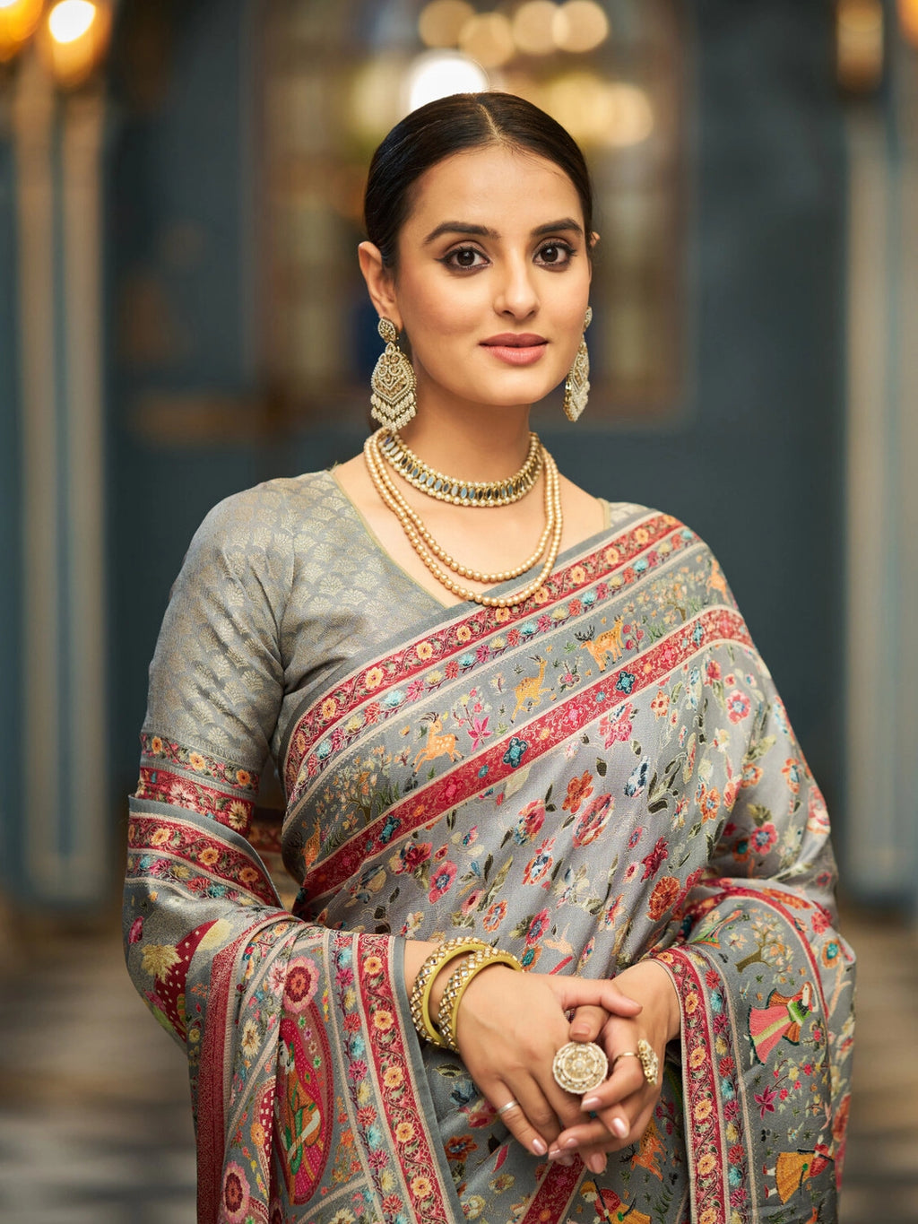 Gray exclusive pure pashmina silk saree with woven design