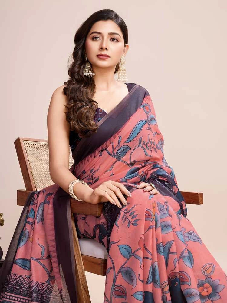 Multi soft linen cotton saree with kalamkari printed work