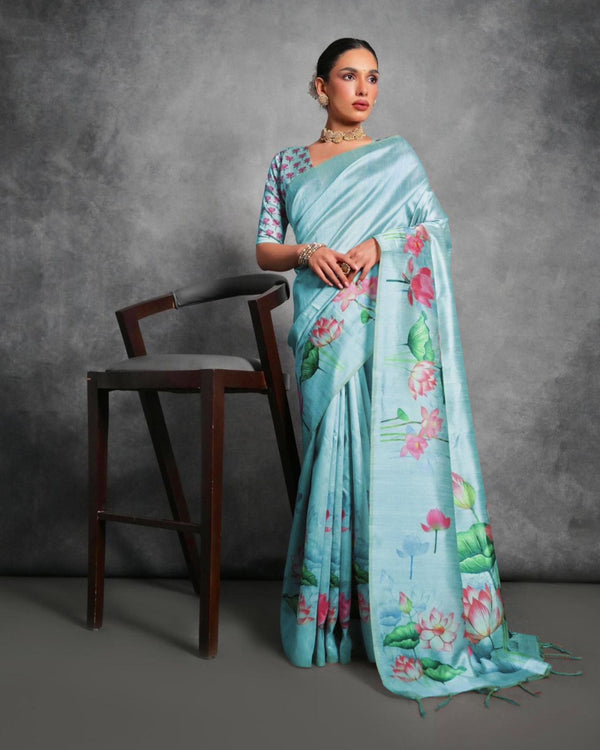 Sky blue color soft tussar silk saree with lotus floral printed work