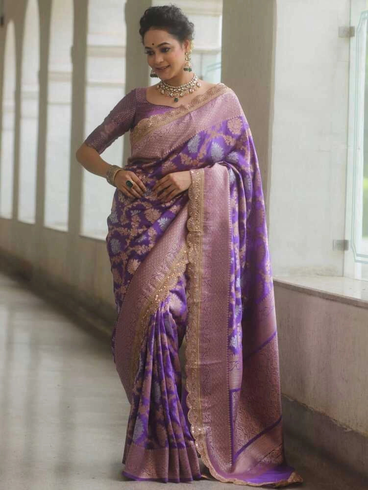 Lavender premium banarasi katan silk saree with zari weaving & lace border