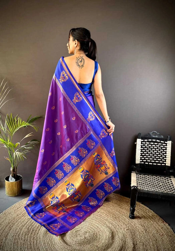 Purple traditional paithani silk saree with meenakari zari weaving work