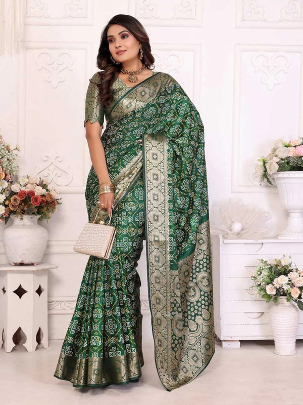 Green satin silk bandhej saree with zari weaving border & pallu