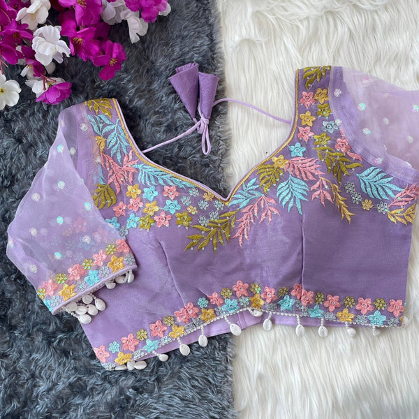 Lavender fancy heavy net readymade blouse with embroidery work