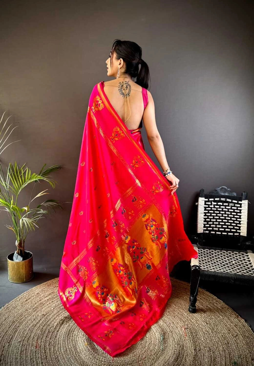 Rani pink traditional paithani silk saree with meenakari zari weaving work