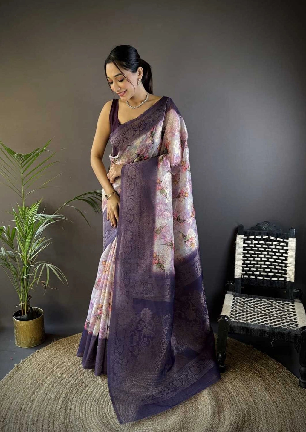 Fancy Purple linen silk saree with digital printed work